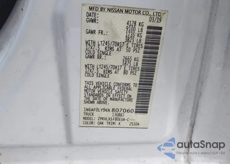 2019 Nissan Nv Cargo Nv2500 Hd Sv V8 from USA, damaged, VIN 1N6AF0LY9KN807060